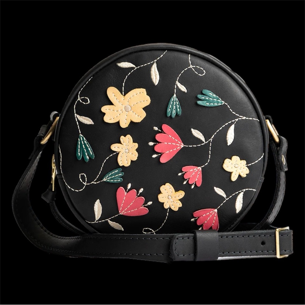 Portland Leather Black Round Crossbody with Red, Yellow, Green Floral Appliqués